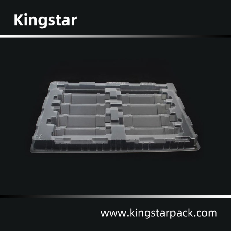Thermoformed clamshell blister packaging for electronic parts