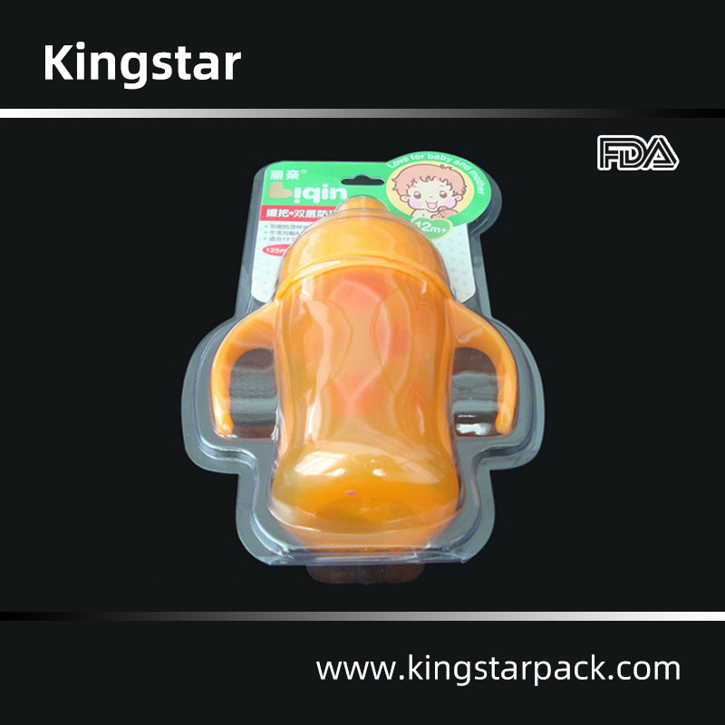Vacuum formed plastic clamshell blister packaging for silicone baby feeding bottles